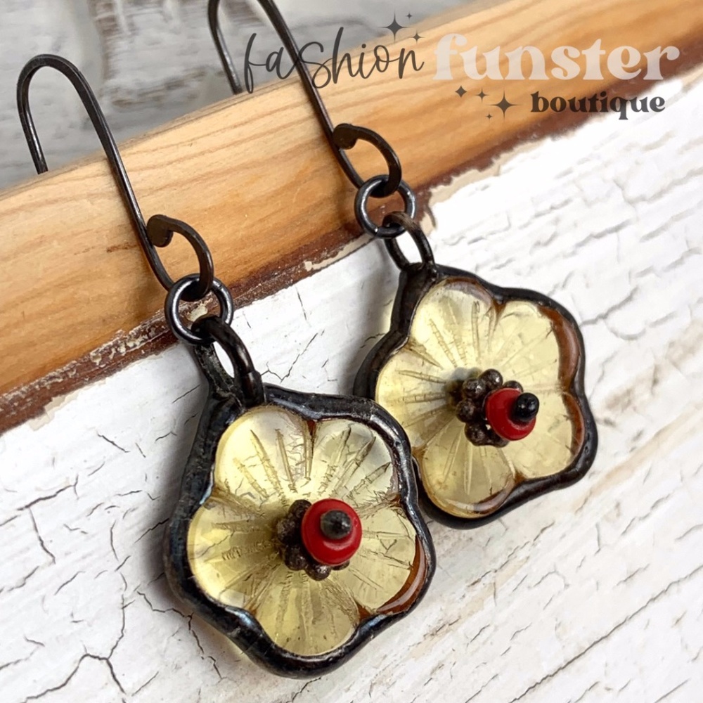 Handmade Soldered Antique Yellow Buttercup Flower Art Charm Dangle Drop Earrings